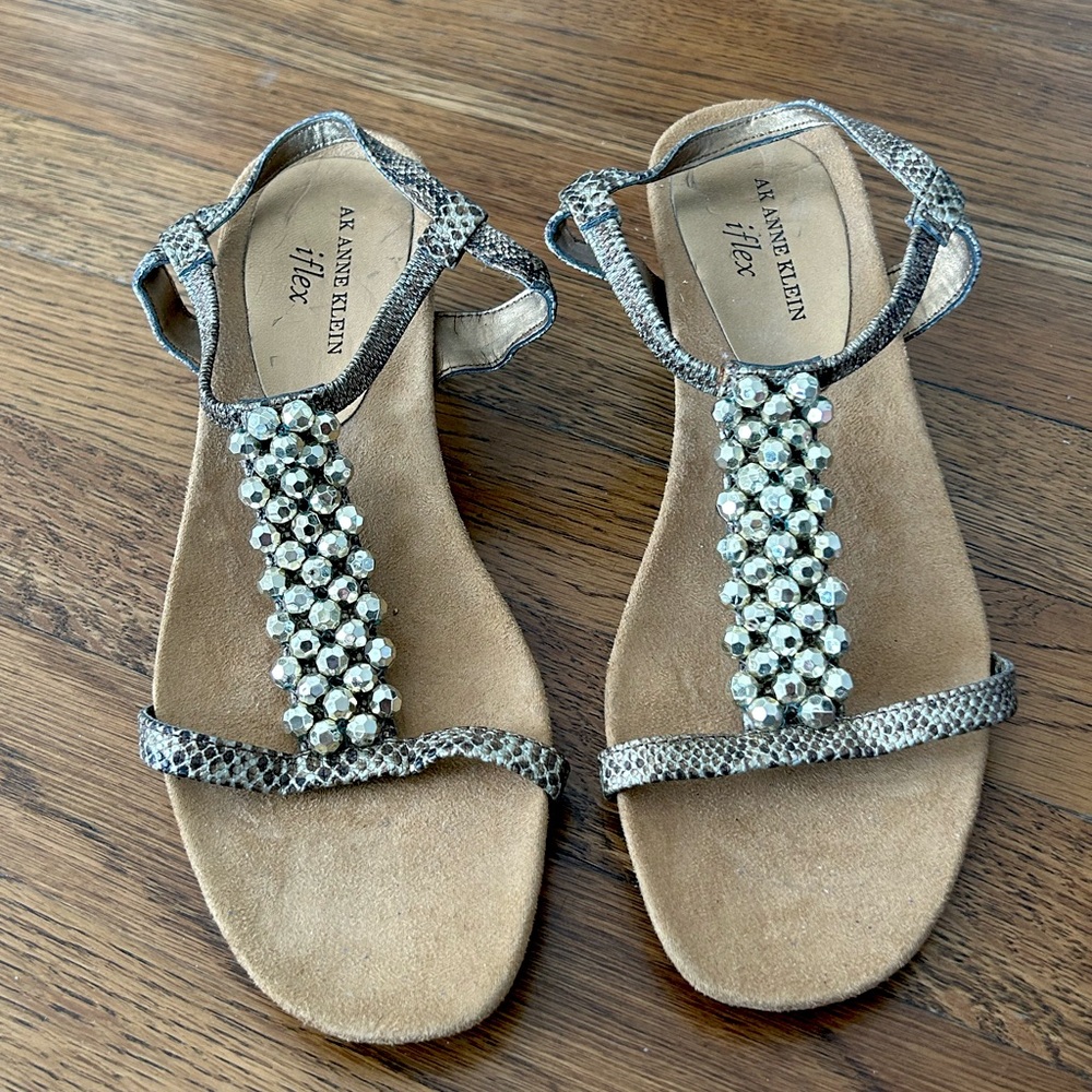 Anne Klein Tan Jeweled T-Strap Sandals